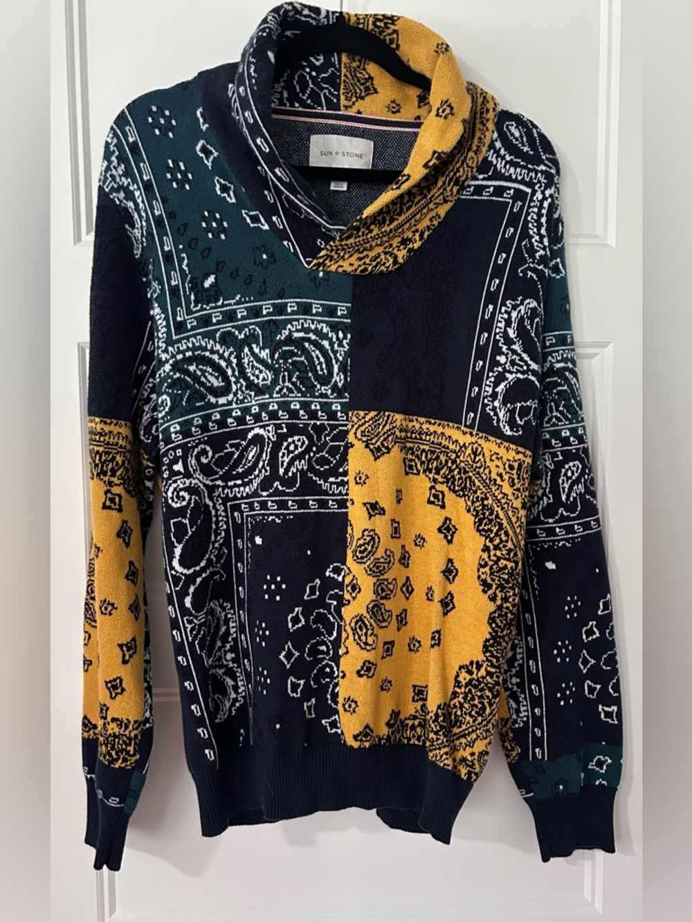 Sun + Stone Bandana Patchwork Sweater L Cowl Neck Boho Western Cozy Cabincore